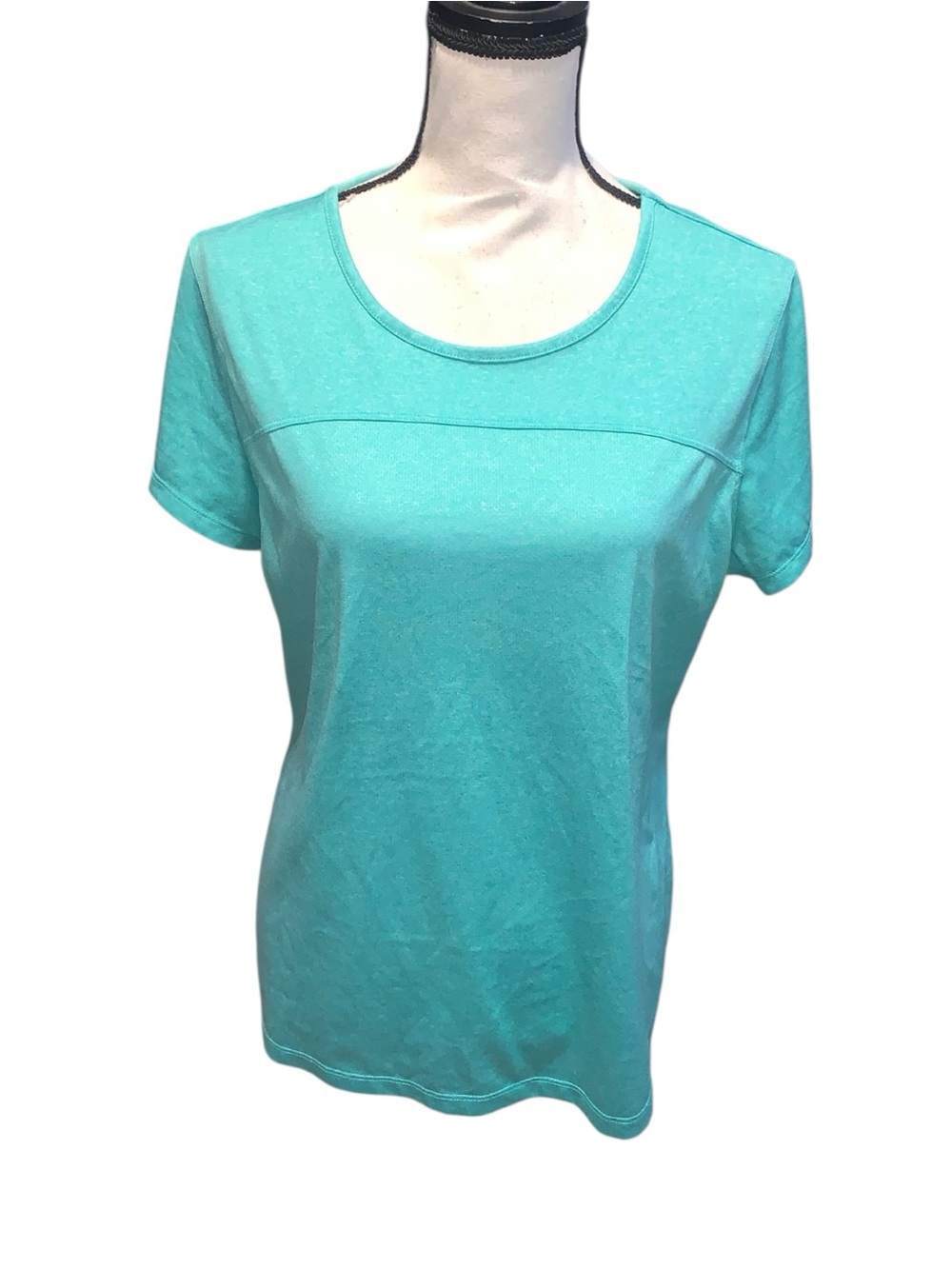 Danskin Now Green Short Sleeve Crewneck Top Athletic Open Back Semi Fitted XL
